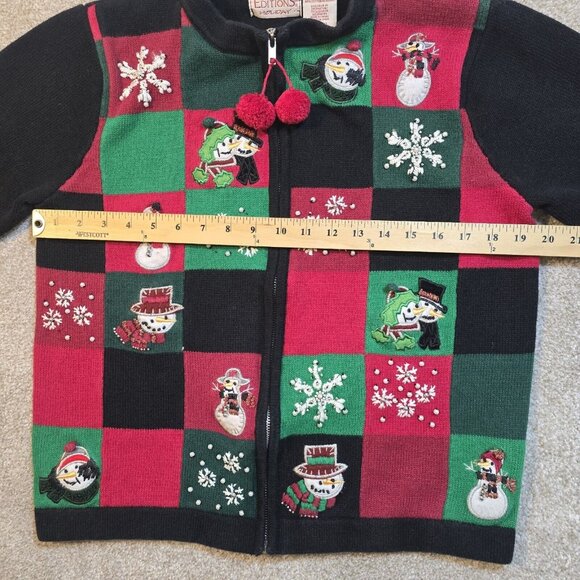 Basic Editions Holiday Patchwork Sweater Full Zip Appliques Embroidered Women M - Picture 5 of 12